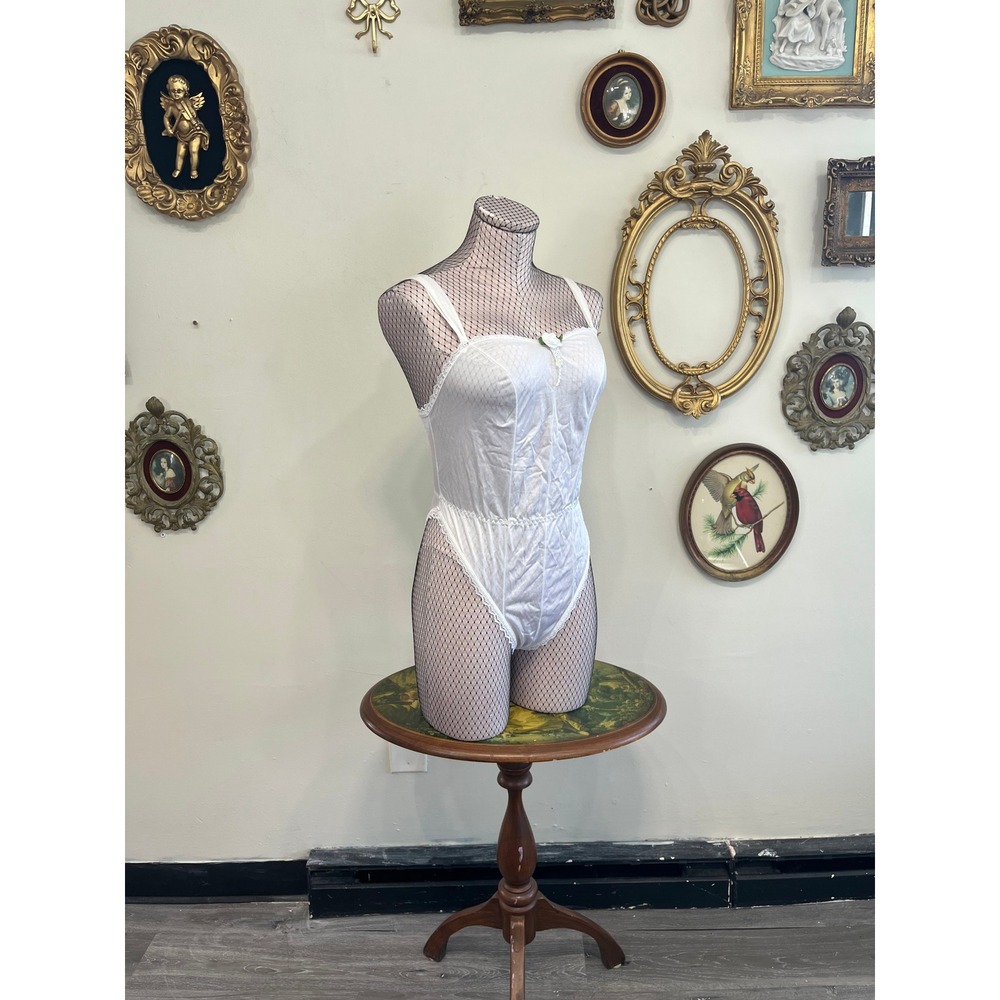 Vintage Minor Creations White Lace Nylon Teddy Bodysuit Medium Y2K USA